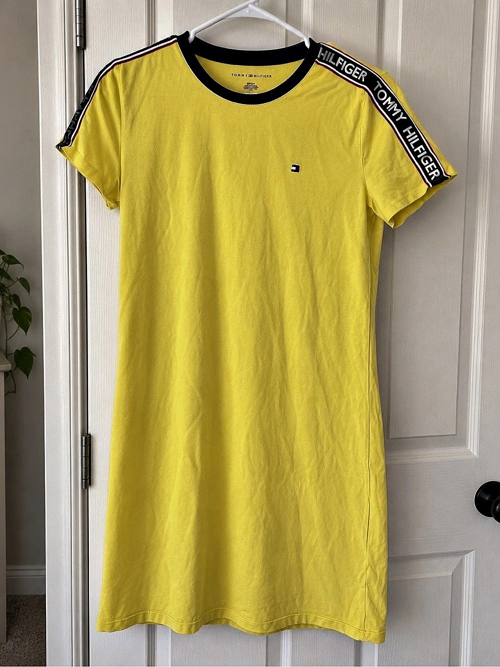 Tommy Hilfiger Logo Tape Sleeve T-Shirt Dress Yellow & Black Small Like New
